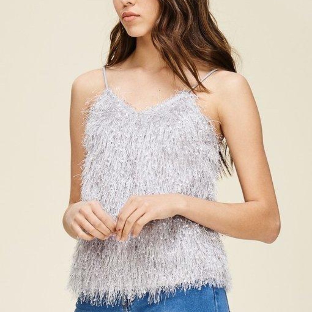 Gray Fuzzy Fringe Knit Tank Top